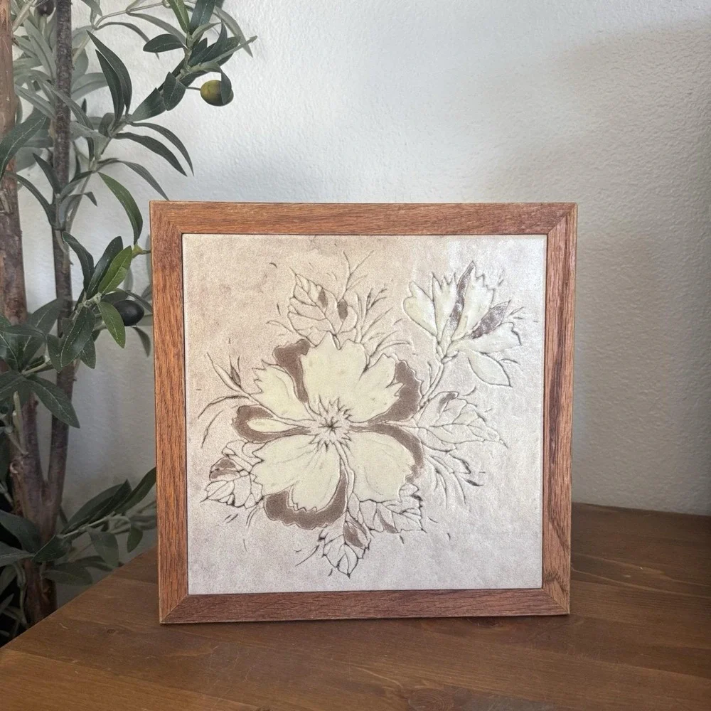 Vintage 80s Italian Floral Ceramic Tile Trivet Wood Frame Cottage Core Decor 9x9